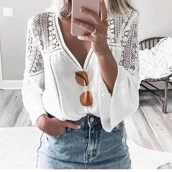 07 Boho White Floral Crochet Lace Button Down Top - Picture 2 of 9